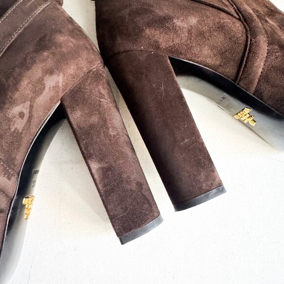 Prada Chocolate Brown Suede Classic Stacked Heel Booties 39.5 - Picture 6 of 11